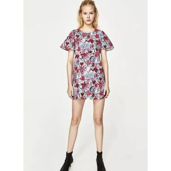Zara Dresses & Skirts - NWT Zara Multicolor Floral Mini Dress Size L Ruffled Short Sleeves Bow V Back